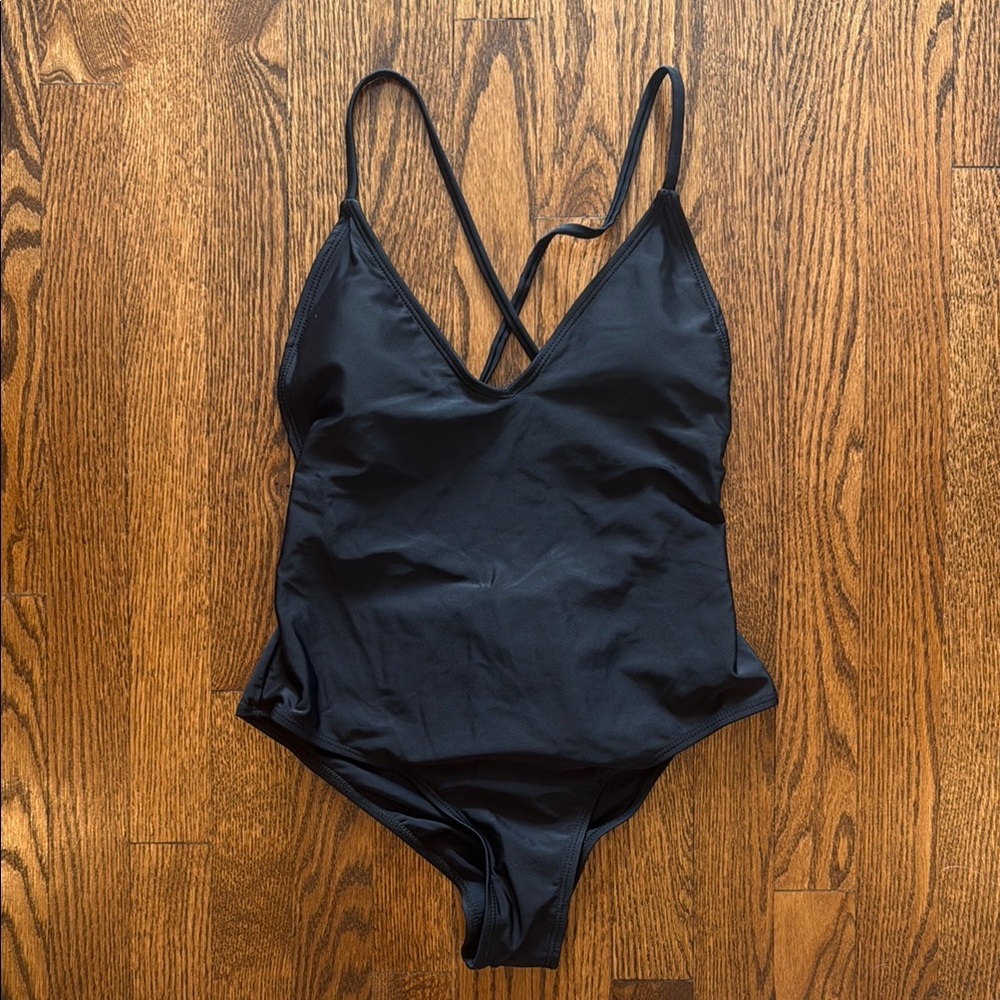 Amazon Black High Rise Cheeky Racer Back One Piece Bathing Suit M NWT